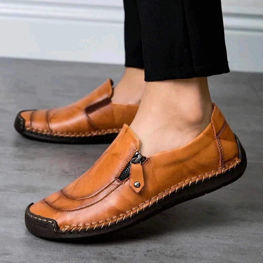 Tan Leather Loafers Men's 11.5 Mocassins 100% Caoutchouc Outsole Casual New $100